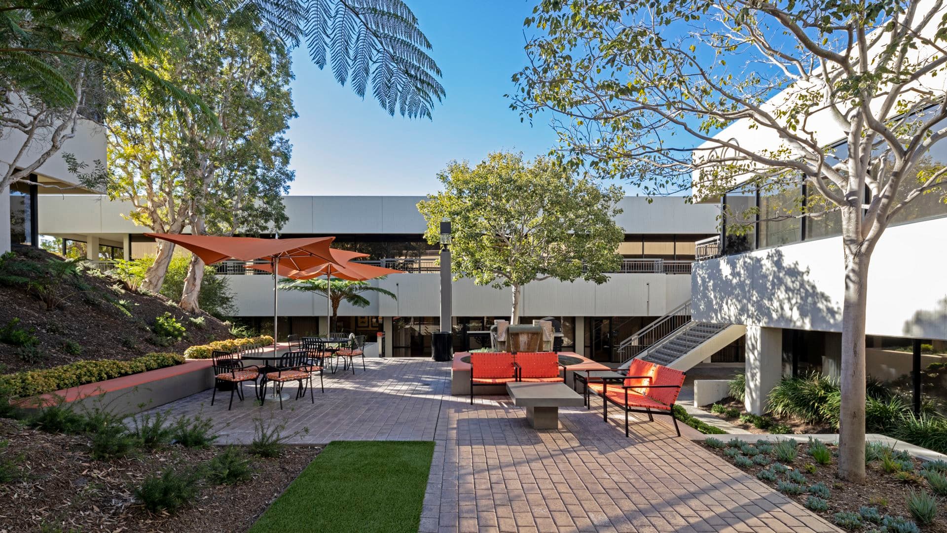 After photography of the outdoor workspace reinvestment at Gateway Plaza in Newport Beach, CA