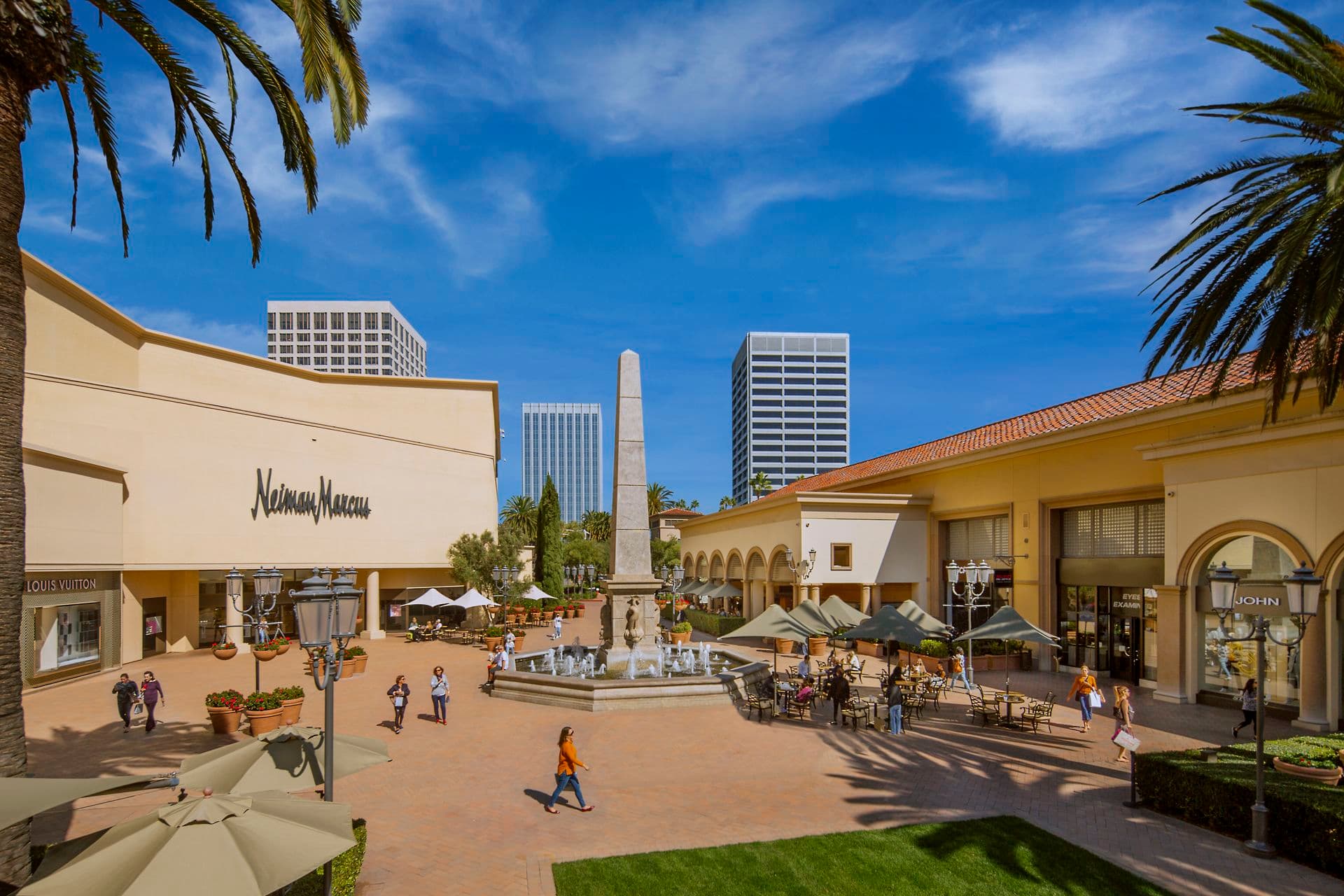 Aerial view of the Neiman Marcus-Bloomingdale's courtyard at Fashion Island in Newport Beach, CA.