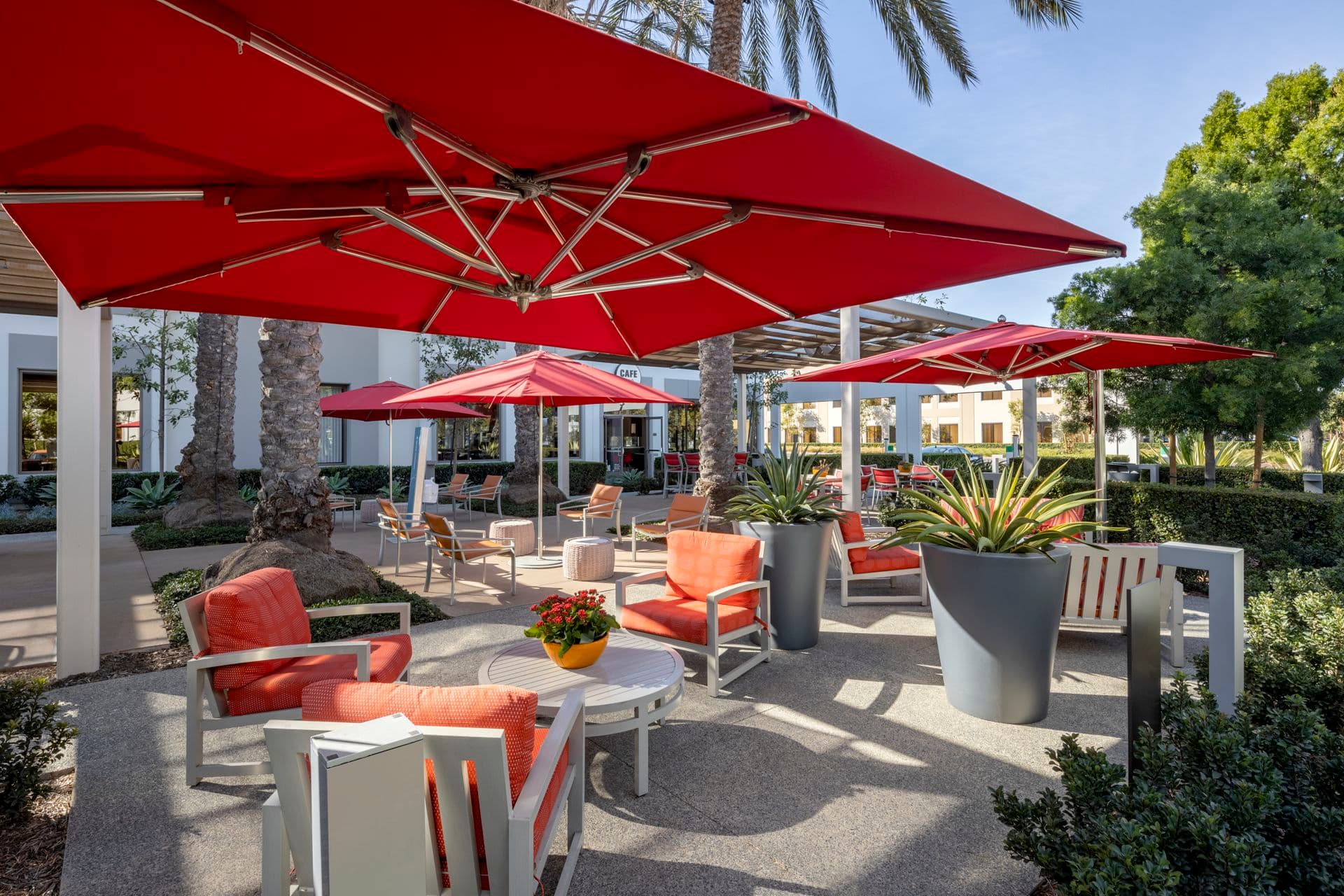 Exterior view of commons patio near Cafe 350 at 350 Commerce in Market Place Center in Irvine, CA. 