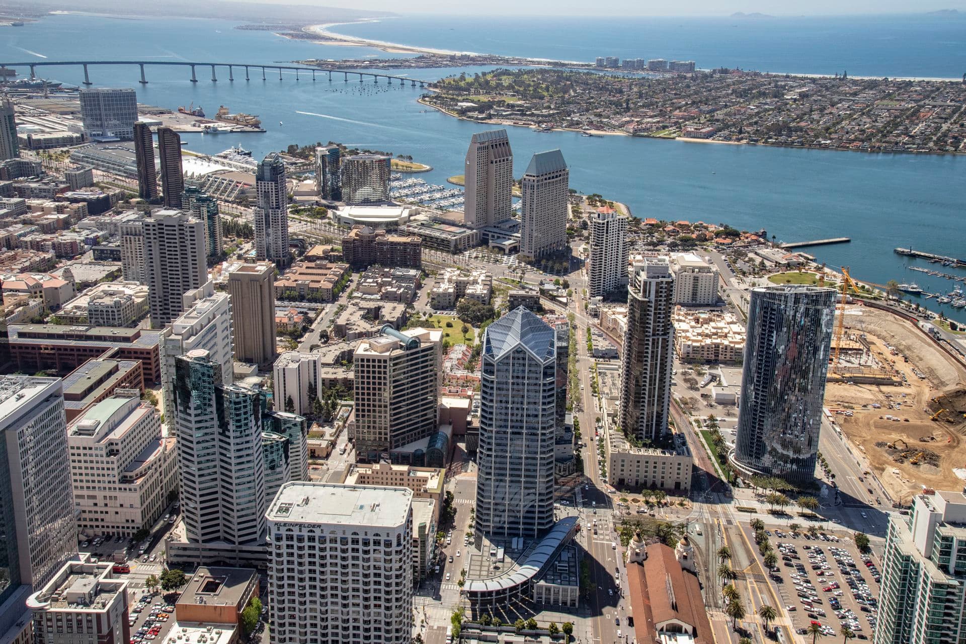 Aerial photography of downtown San Diego featuring One America Plaza and 501 West Broadway in San Diego, CA