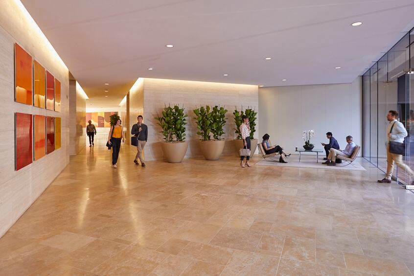 Interior view of lobby in 101 West Broadway in San Diego, CA.