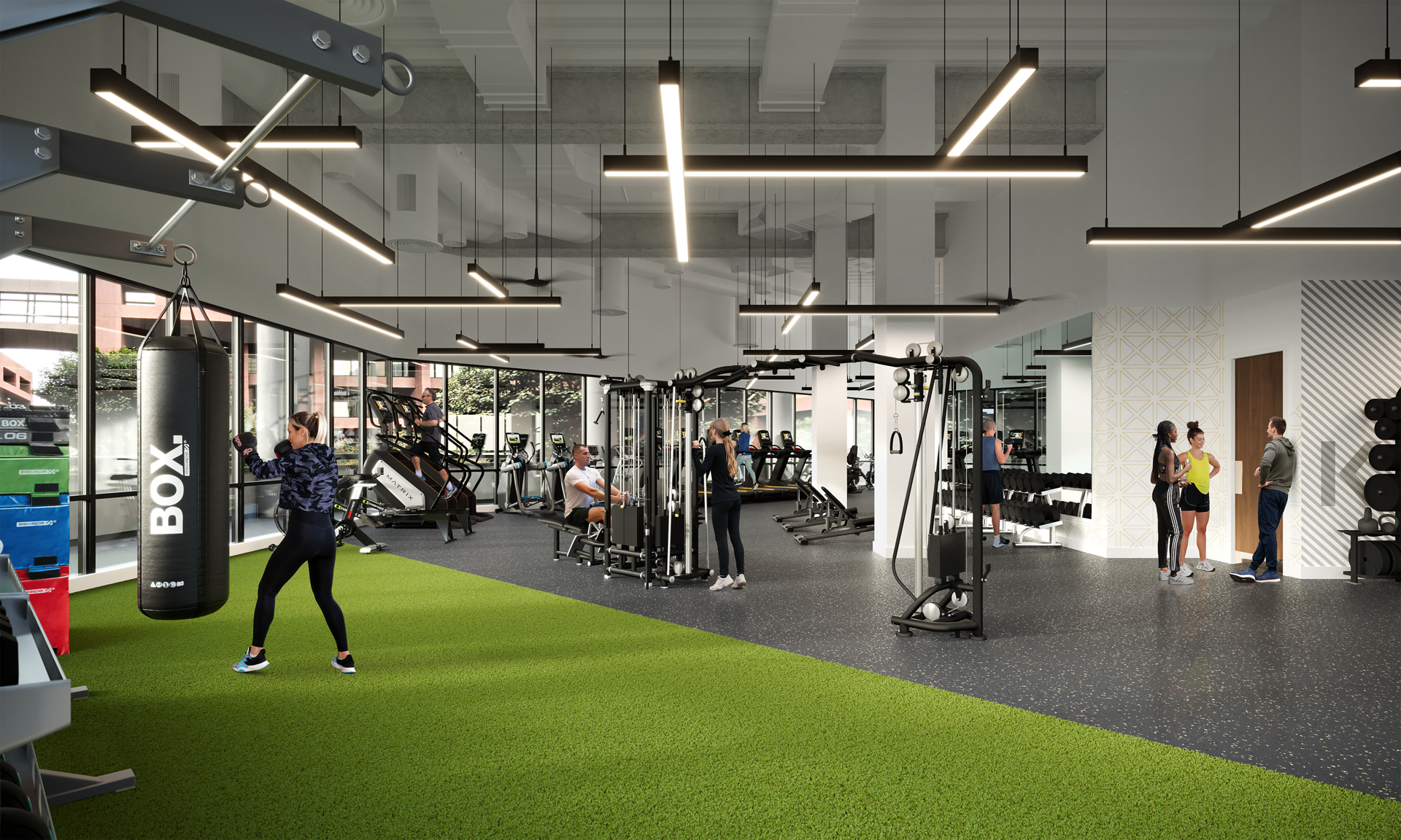 Interior rendering of Kinetic fitness center at 101 West Broadway in Downtown San Diego, Ca