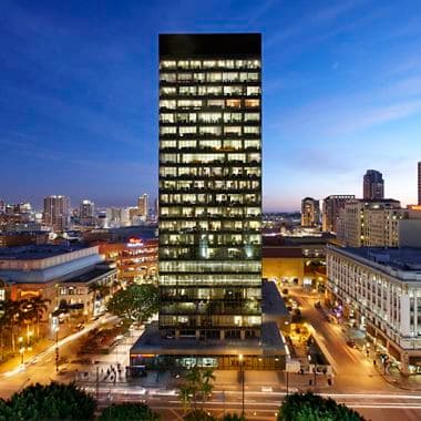 Evening view of 225 Broadway office tower in San Diego.  Akerlund 2008.