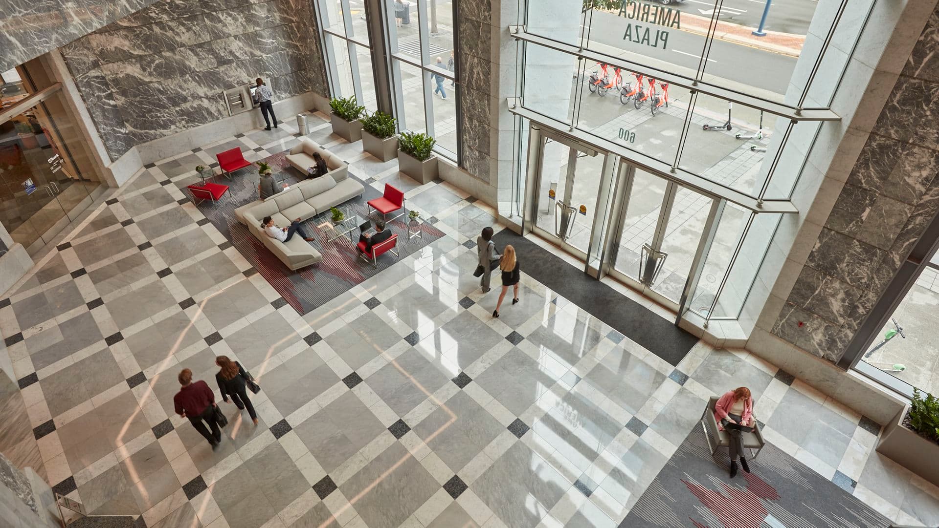 Lifestyle photography of the lobby at One America Plaza - 600 West Broadway in San Diego, CA