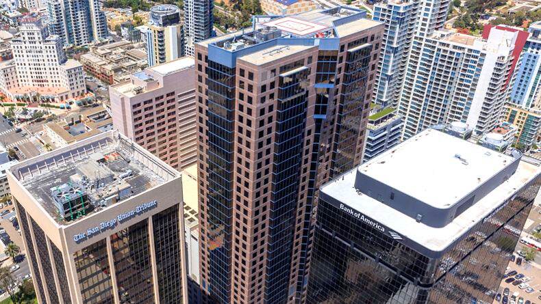 Aerial view of Symphony Towers in San Diego.