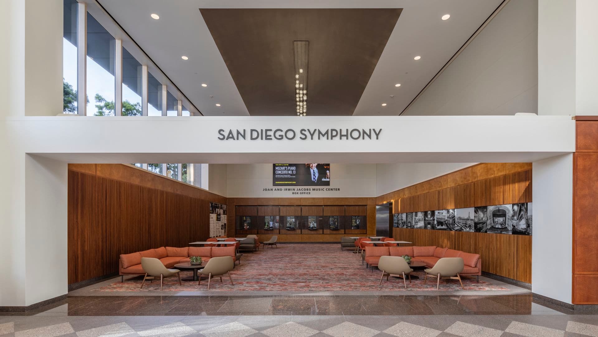 Interior view of lobby of Symphony Towers in San Diego, CA.