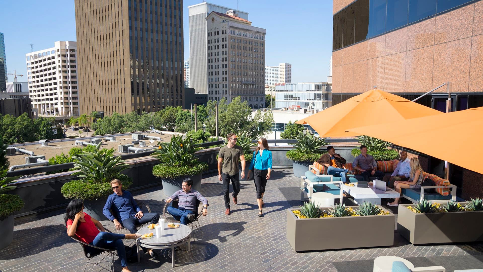 View of The Commons Outdoor Workspace at Wells Fargo Plaza in San Diego, CA.