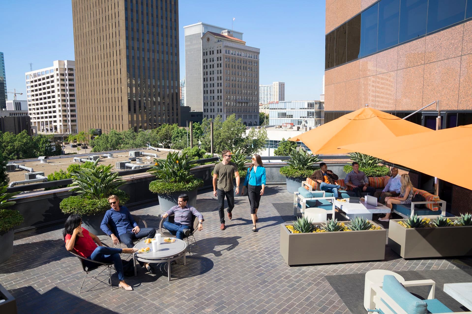 View of The Commons Outdoor Workspace at Wells Fargo Plaza in San Diego, CA.