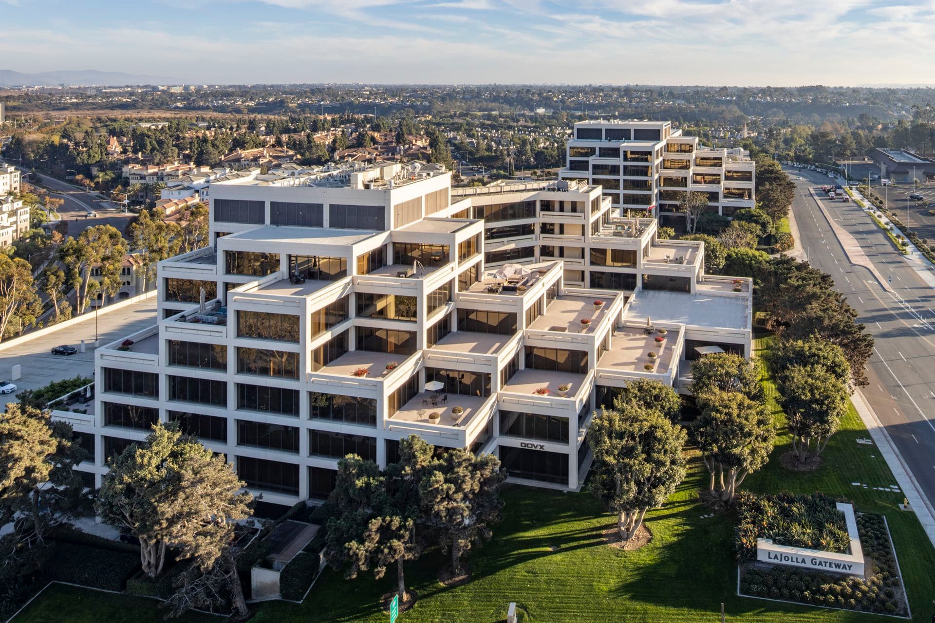 Aerial view of 9191 Towne Centre Drive at La Jolla Gateway in San Diego, CA.