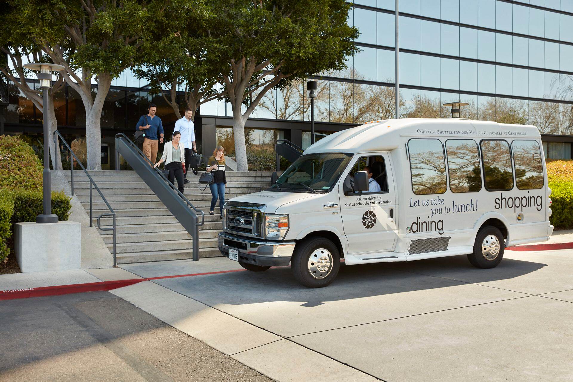 Customer Convenience Shuttle in front of 3131 Camino Del Rio office building at Centerside.