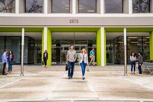 Lifestyle photography of the building entrance of SIlicon Valley Center - 2570 N First Street in San Jose, CA