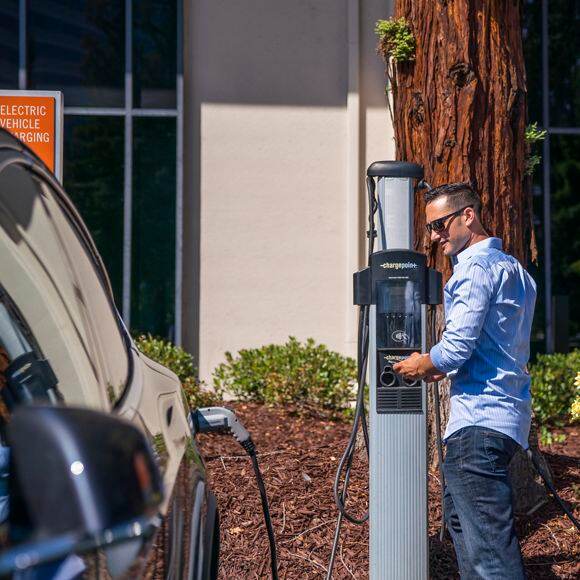 Lifestyle photography of the EV charging stations at Santa Clara Park at Freedom Circle in Santa Clara, CA