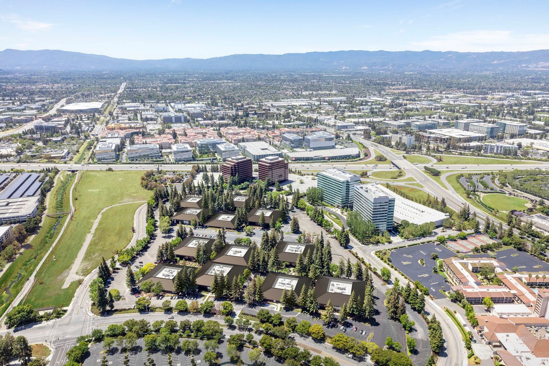 Aerial view of Santa Clara Park Rooftop, in Santa Clara, California.